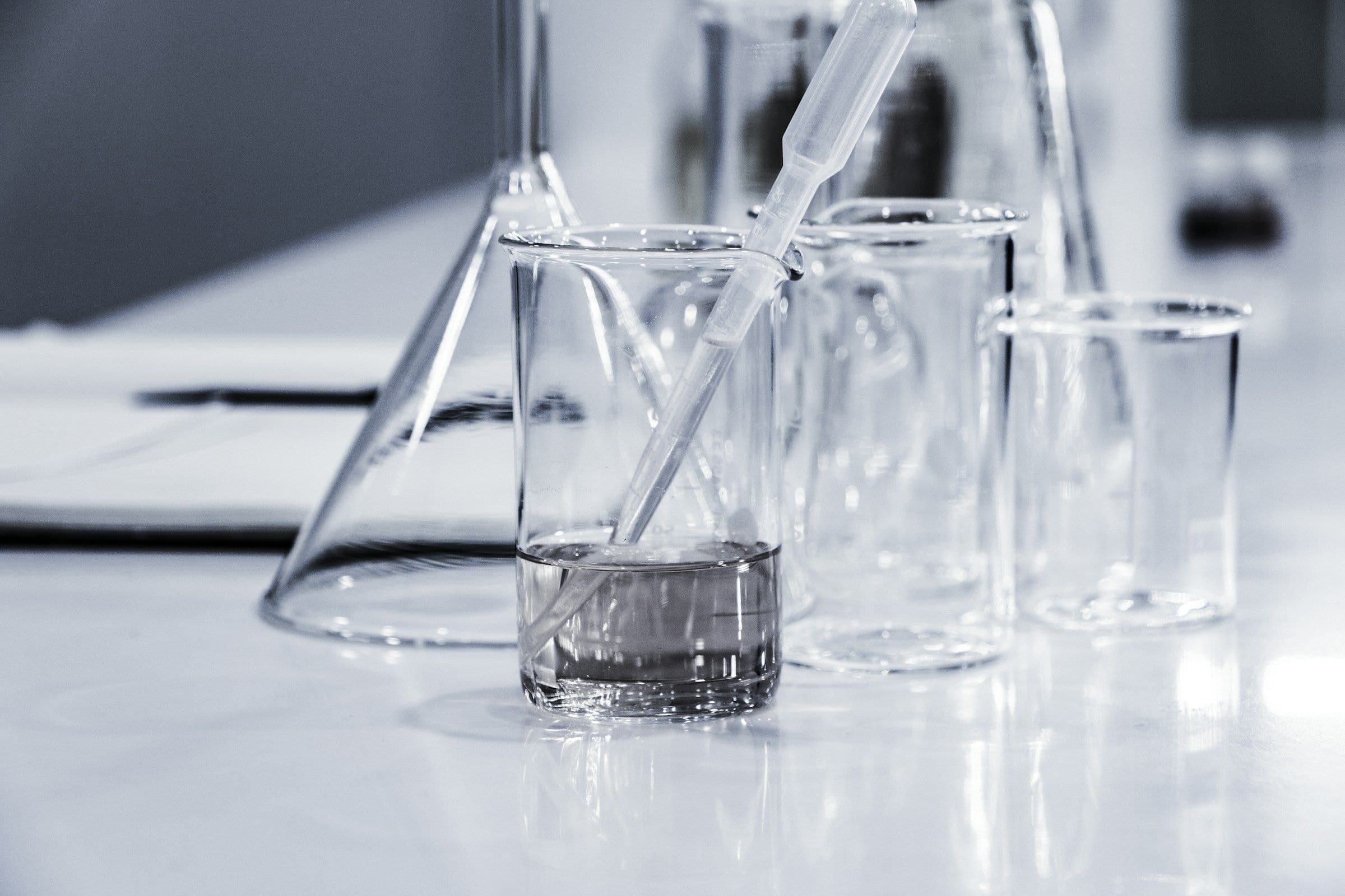 Laboratory glassware on a clean bench